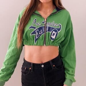 Adika Cropped Green Los Angeles Hoodie Zip Down Jacket Fall Sweatshirt Size XS